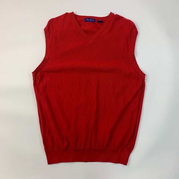 Alan Flusser Sweater Vest Mens XL Extra Large Red V Neck Cotton Diamond Jacquard - Picture 2 of 10